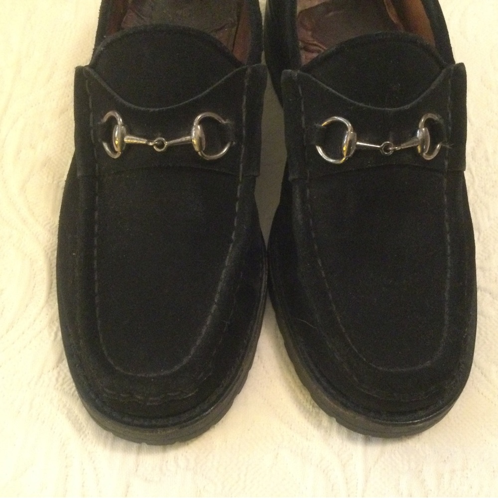 Gucci Horsebit Black Suede Lug Sole Loafers